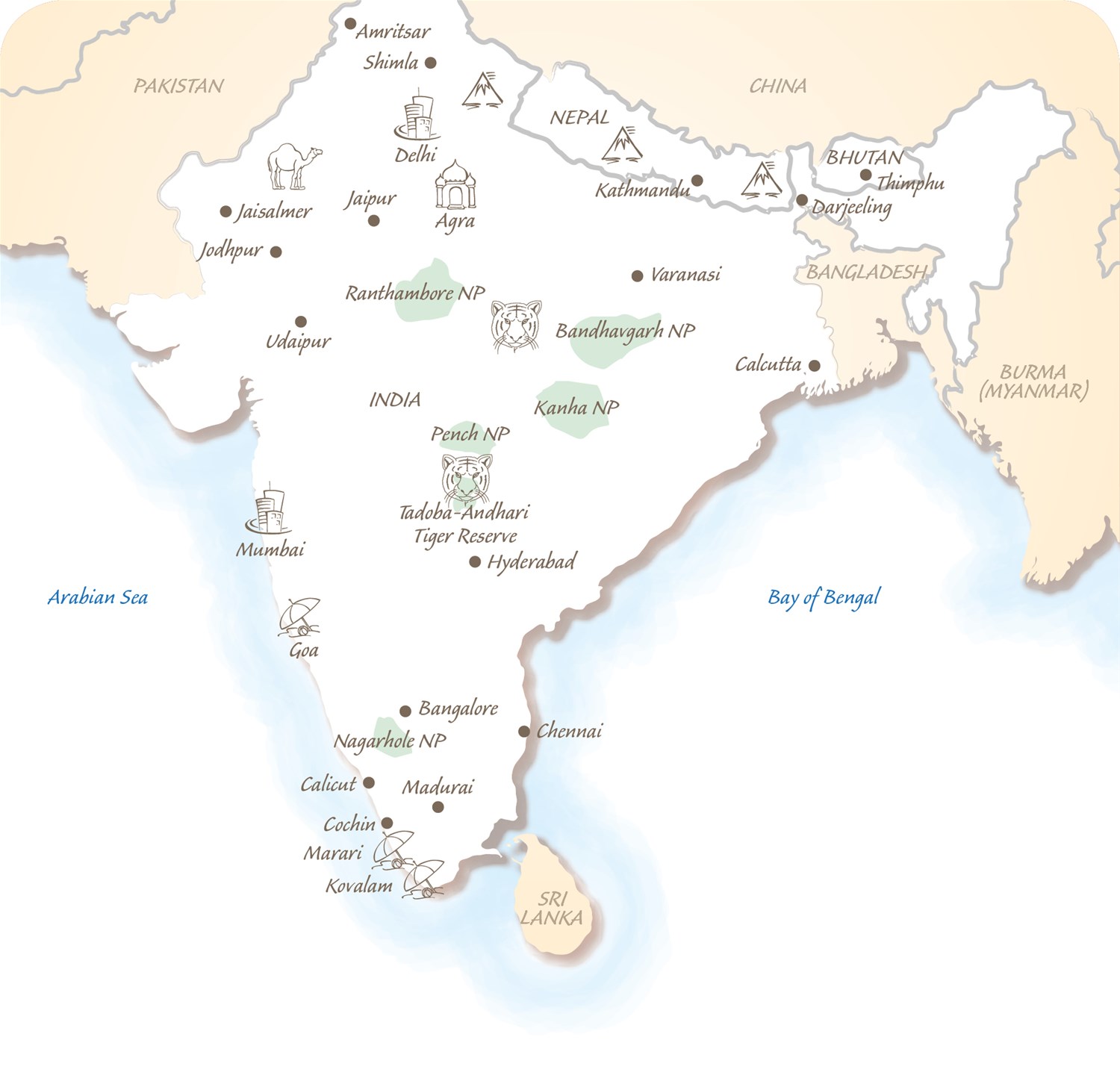 India, the Himalayas & Sri Lanka map