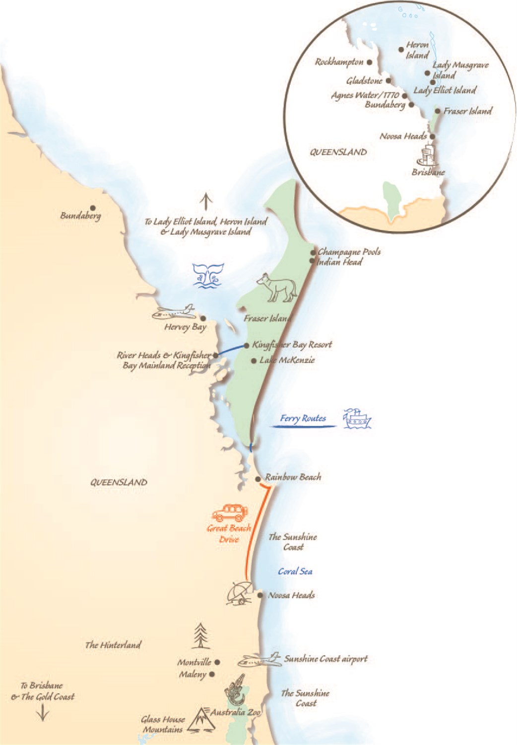 Fraser Island, the Hinterland & Sunshine Coast map